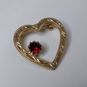 Vintage Heart Shaped Metal And Red Glass Brooch